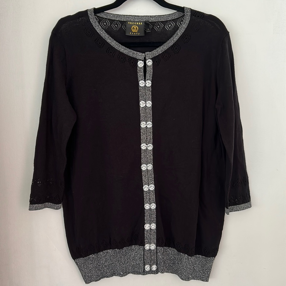 VECCELI Three Quarter Sleeve Rhinestone Sweater